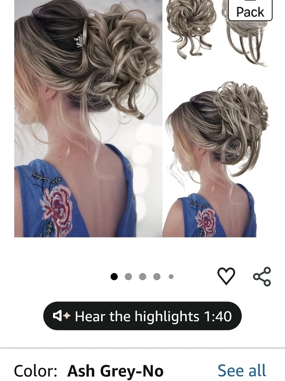 2 Pack Messy Bun Hair Pieces Ash Grey Highlighted Curly Hair Extensions No Clip.